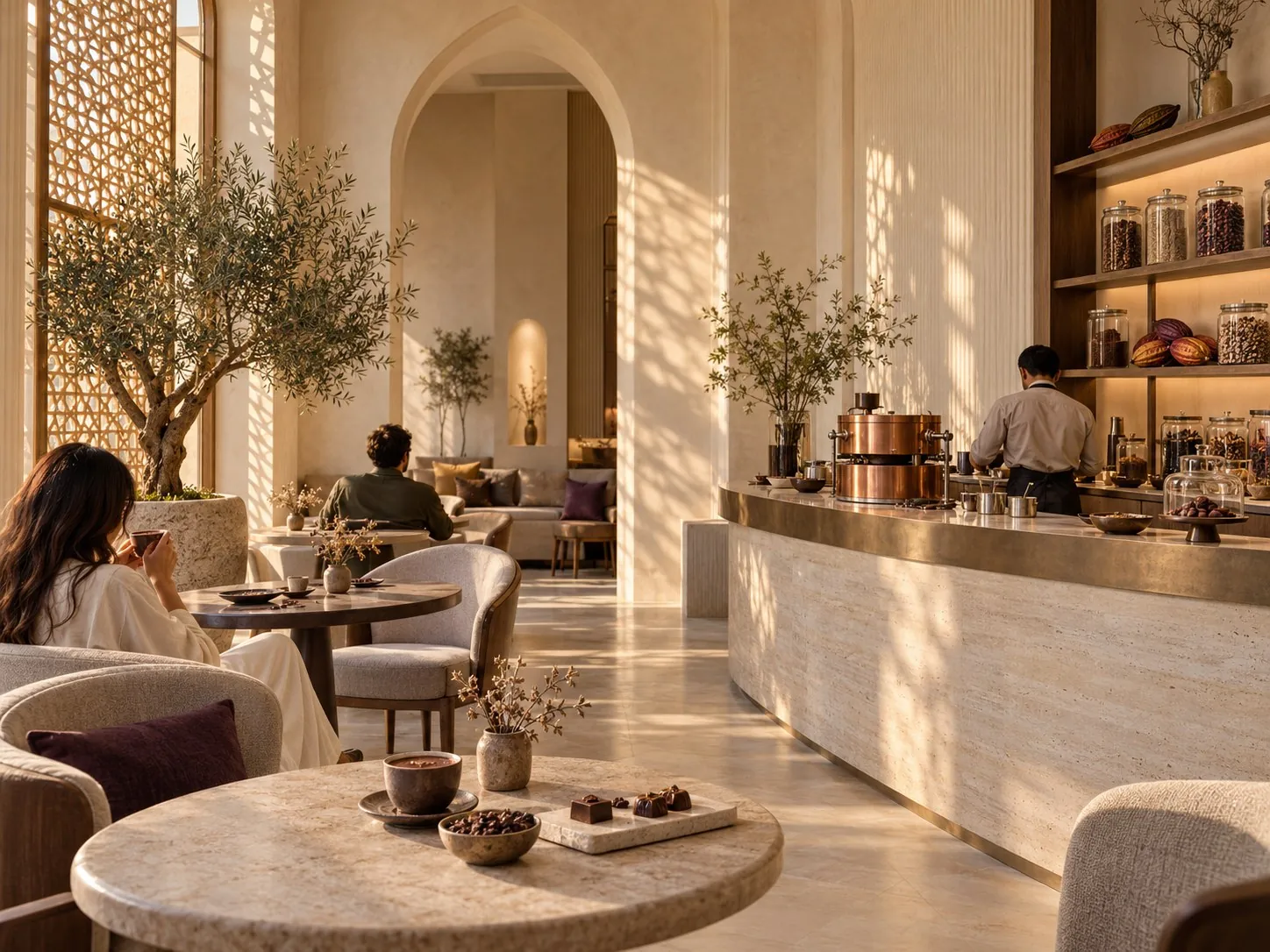 Atelier Sardal, a quiet café of pale plaster and travertine in warm afternoon light, with guests tasting hot chocolate and pralines