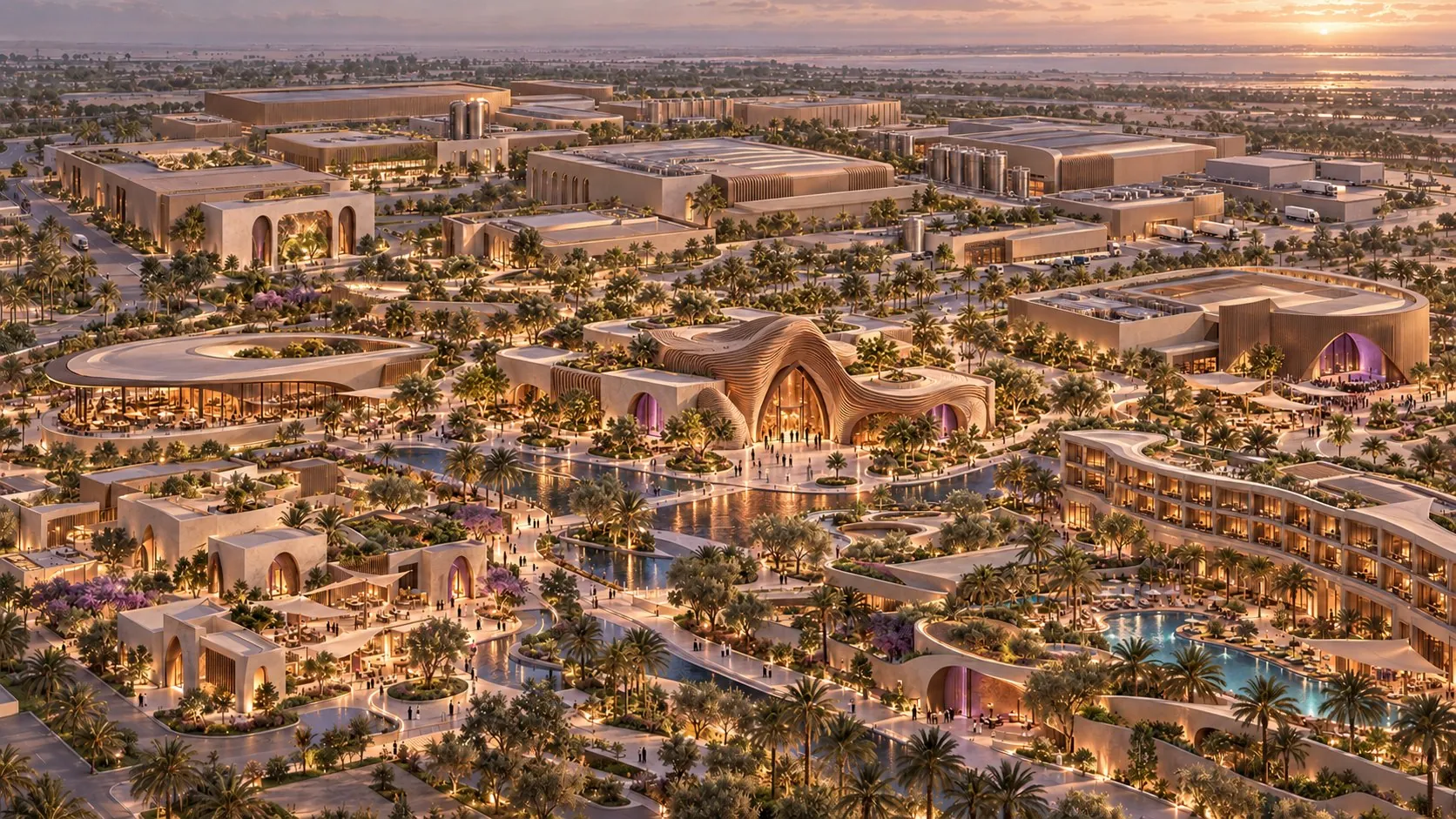 Aerial concept render of the Sardal ecosystem at dusk: chocolate manufacturing at the back, the House of Sardal and a café around water gardens, makers' workshops in the foreground and a hotel with pool to the right