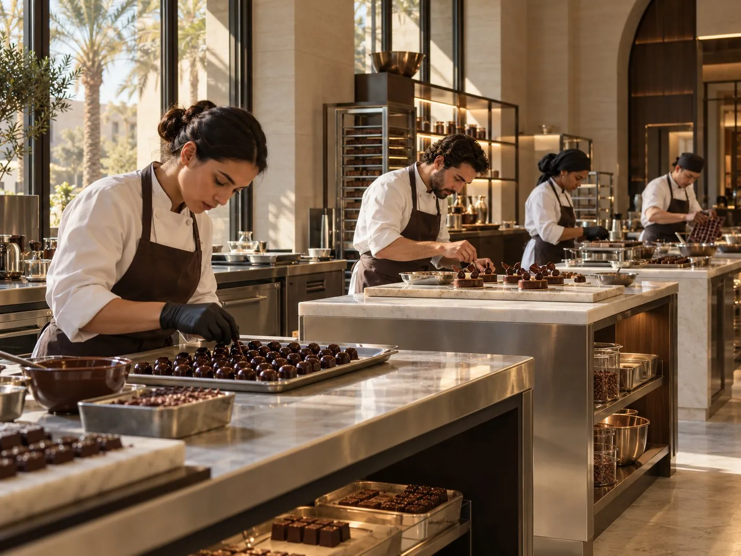 Chocolatiers finishing pralines and pâtisserie at marble workbenches in a light-filled atelier