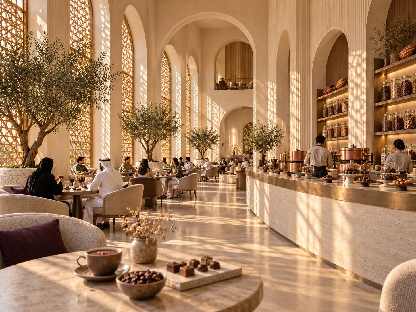 Grand Café Sardal, a tall arched hall of pale plaster with lattice windows, olive trees and a long travertine chocolate counter in warm afternoon light