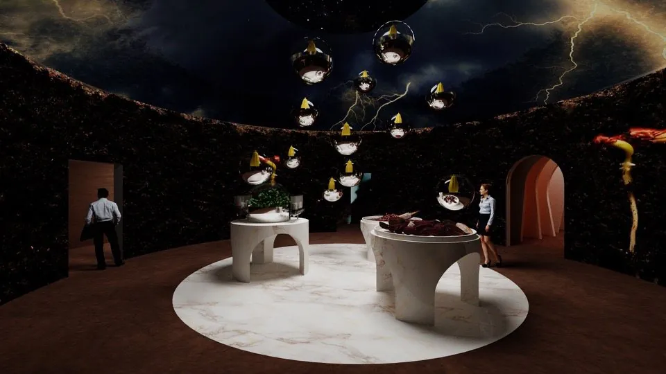 The Seed Chamber, with cocoa trees and pods