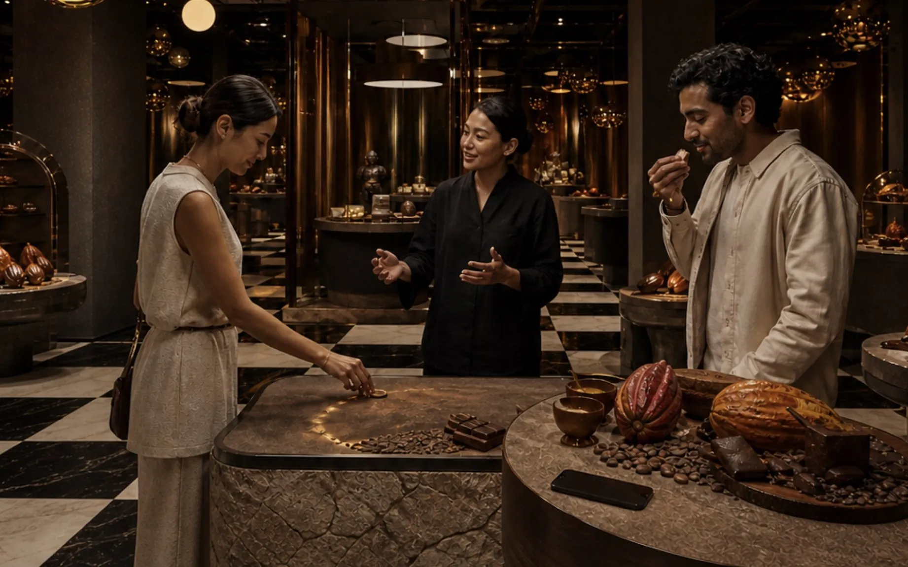 A guide leads two visitors through a tasting at a stone table set with cocoa pods, beans and chocolate