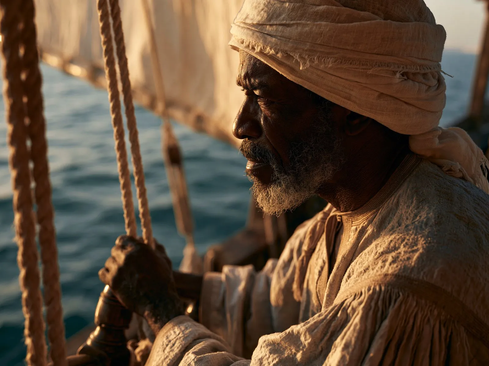 The Sardal at the helm of a pearl-diving dhow, looking out over the water